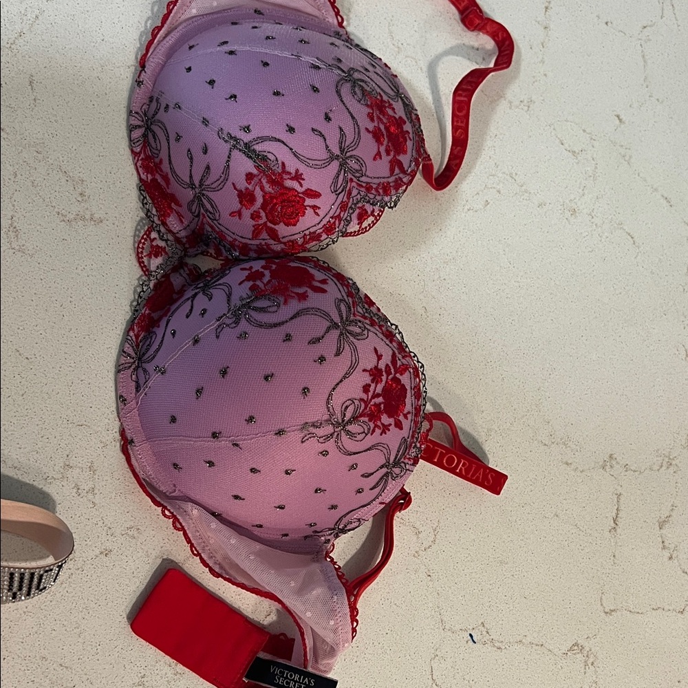 Victoria's Secret Red and Lavender Embroidered Bra